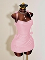 Pink slim fit knit dress with 3D rose floral appliques and delicate straps for women - S / Pink