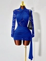 Royal blue bodycon dress with lace sleeves and elegant side sash detailing - Sapphire Blue