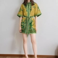 Short sleeve floral print dress in mustard yellow with mermaid pattern and waist belt - M / Army Green Sea (29125)