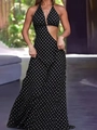 Sexy black polka dot halter maxi dress with deep V-neck and side cutout design for vacation - S / Black Background Polka Dots