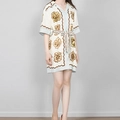 Women's cream short-sleeve shirt dress with vintage nautical prints and waist tie - M / Khaki Nautical (29125)