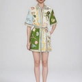 Short dress with vibrant marine print, classic lapel collar and waist tie detail - M / Ocean Collage (29125)