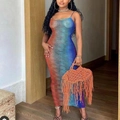 Rainbow striped bodycon midi dress with spaghetti straps and gradient colors for summer - S / Colorful