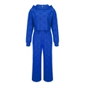 Detail eines blauen Freizeit-Sets mit Waffelstrick-Struktur und kurzem Kapuzen-Sweatshirt - S / Blau