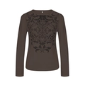 Détail du haut marron en maille gaufrée montrant l'écusson vintage et l'étiquette taille S - S / Marron