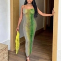 Slim fit maxi dress featuring vibrant green and yellow gradient stripes with thin straps - S / Green