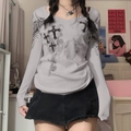 Y2K gothic grey long sleeve t-shirt with black cross print for women lifestyle view - Gray