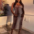 Slim fit brown striped midi dress with spaghetti straps for summer resort style - S / Brown