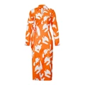 Abito a maniche lunghe con scollo a V, stampa astratta arancio e bianco e cintura - S / Arancione