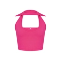 Detail van de geribbelde textuur en maatlabel S op deze felle roze korte crop top - S / Rozerood