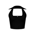 Detail van zwarte ribgebreide crop top met polokraag en textuur van de V-halslijn - S / Zwart