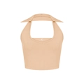 Detail van beige gebreide haltertop met V-hals en kledinglabel maat S op de kraag - S / Khaki