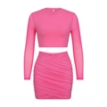 Close-up of pink long sleeve mesh panel top and ruched bodycon skirt set - L / Rose Red
