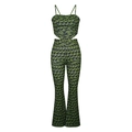 Λεπτομέρεια από σετ τοπ με τιράντες και παντελόνι καμπάνα με πράσινα σχέδια - S / Λαδί