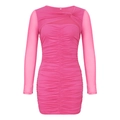 Detail of hot pink ruched mini dress with mesh long sleeves and twist front cutout - S / Rose Red