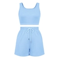 Flat lay of light blue sleeveless crop top and elastic drawstring shorts athletic set - S / Sky Blue