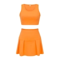 Detail of orange athletic set showing sleeveless tank top and pleated skirt fabric quality - S / Top And Bottom / Orange Red