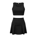 Flat lay of a two-piece black sports set featuring a sleeveless crop top and pleated mini skirt - S / Black