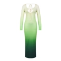 Detail van groene ombré maxi-jurk met sexy uitsnede en vetersluiting bij de borstpartij - S / Groen