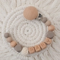 Beech wood pacifier clip with BABY letters, silicone beads and gray crochet ball - Dark Taupe