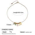 Gold stainless steel necklace featuring floral charms, green heart, and pearl accents - Five-Pendant Vintage Heart Flower Style (2508ZK51584XL)