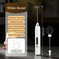 White cordless electric milk frother with two whisk heads and USB-C cable for baking - LS Double Head / White
