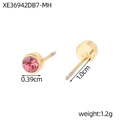 Minimalist geometric stud earrings in gold finish with pink cubic zirconia stones - July Rose Red