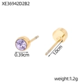 Minimalist gold geometric stud earrings with round purple cubic zirconia settings - February Violet