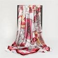 Detail view of large silk-satin scarf featuring nautical sailboat and anchor patterns - Coral Red (FT149-4)