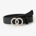 Women's black leather belt featuring sparkling rhinestone-encrusted double ring buckle - Black