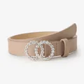 Chic beige leather belt for women featuring a double ring buckle with sparkling rhinestones - Khaki