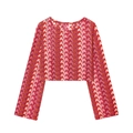 Détail du motif en maille ondulée multicolore sur pull court à manches longues évasées - S / Veste A02