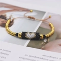 Handmade Miyuki bead bracelet with heart pattern and adjustable golden steel beads - Black