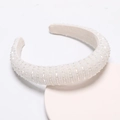 Handmade white crystal beaded wide headband with padded sponge and pearl glass beads - White