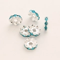 Silver plated rondelle beads with lake blue rhinestones for jewelry making - Wavy Lake Blue