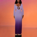 Sexy paarse ombre maxi-jurk met lange mouwen, uitsnijding en strikdetail voor dames - S / Paars