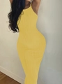 Close-up of bright yellow rib-knit sleeveless bodycon maxi dress with slim shoulder straps - S / Yellow