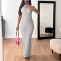 Slim fit sleeveless light grey knit maxi dress with a vertical ribbed texture finish - XS / Gray