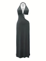 Detail of elegant charcoal grey halter neck dress with waist cut-out and side slit design - XS / Slate Gray
