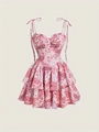 Abito rosa a fiori con spalline sottili e orlo a balze in stile vintage elegante - S / Rosa