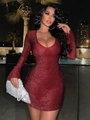 Sparkly red long sleeve mini dress with deep V-neck for women's cocktail party night - S / Red