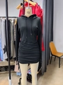 Women's black hooded long sleeve dress with side drawstring ruched detailing - XL / Black