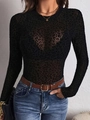 Top in rete trasparente nera attillata con stampa leopardata e maniche lunghe - S / Nero