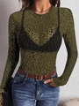 Top a maniche lunghe in rete trasparente aderente da donna con stampa leopardata oliva - S / Verde-giallo