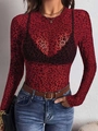 Top aderente a maniche lunghe in mesh rosso leopardato con design semitrasparente - S / Rosso
