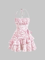 Floral halterneck dress in white and burgundy with tiered ruffled hem and side ties - S / Pink