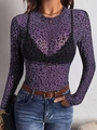 Top a maniche lunghe in mesh trasparente con stampa leopardata viola e vestibilità slim - S / Viola