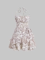 White floral halter mini dress with vintage brown flower print and tiered ruffle hem - S / Brown