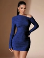 Dunkelblaues Glitzer-Minikleid mit asymmetrischem One-Shoulder-Schnitt und Ärmeln - S / Blau