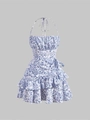 Floral halter mini dress with blue porcelain print and tiered ruffle hem in white - S / Blue